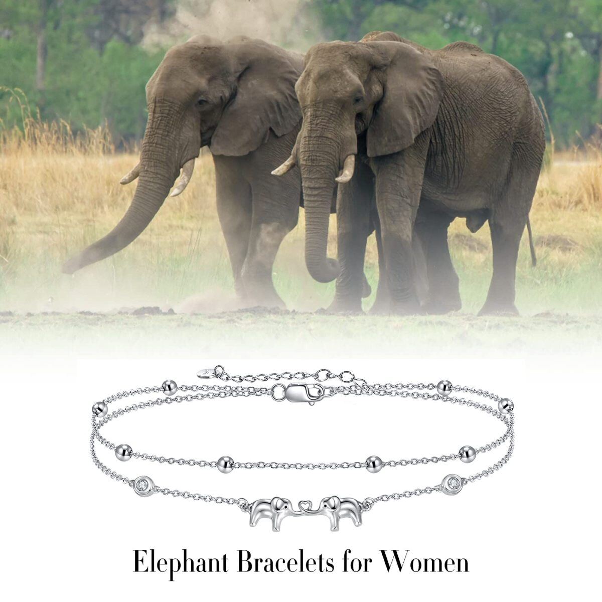 Sterling Silver Circular Shaped Cubic Zirconia Elephant Layerered Bracelet-3