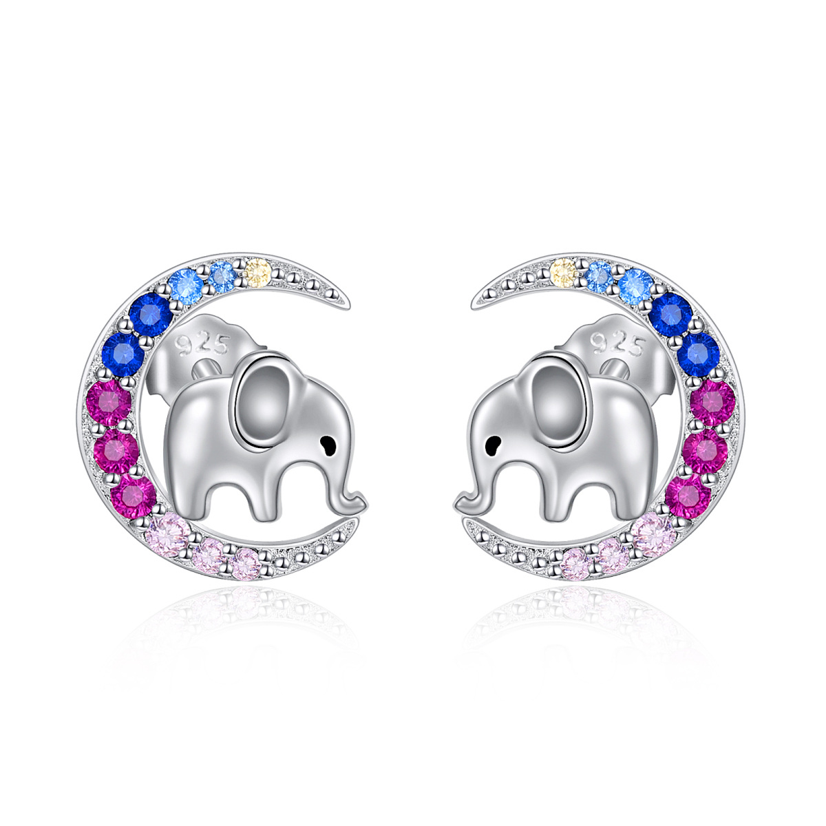 Sterling Silver Circular Shaped Cubic Zirconia Elephant & Moon Stud Earrings-1