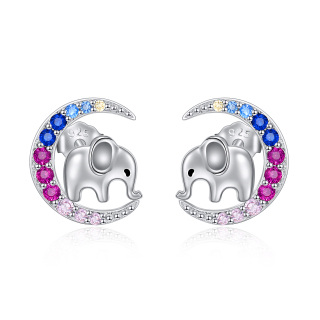 Sterling Silver Circular Shaped Cubic Zirconia Elephant & Moon Stud Earrings-9