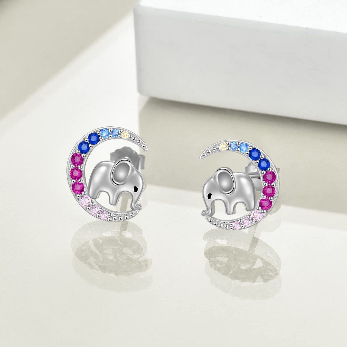 Orecchini a bottone con luna di elefante a forma circolare in argento sterling con zirconi-3