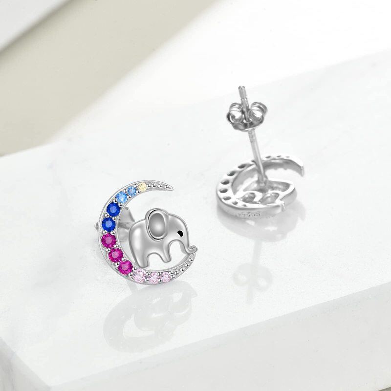 Sterling Silver Circular Shaped Cubic Zirconia Elephant & Moon Stud Earrings-4