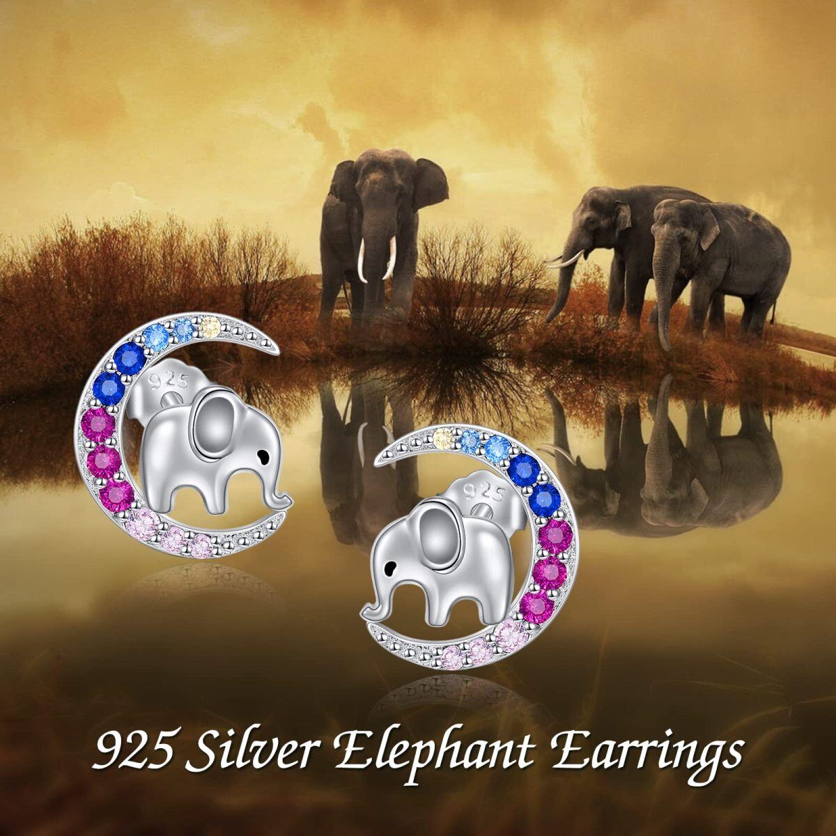 Sterling Silver Circular Shaped Cubic Zirconia Elephant & Moon Stud Earrings-6