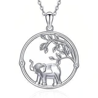 Sterling Silver Circular Shaped Cubic Zirconia Elephant Pendant Necklace-34