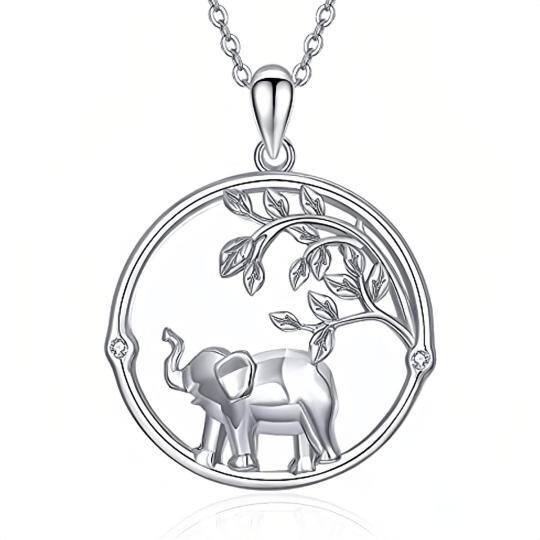 Sterling Silver Circular Shaped Cubic Zirconia Elephant Pendant Necklace