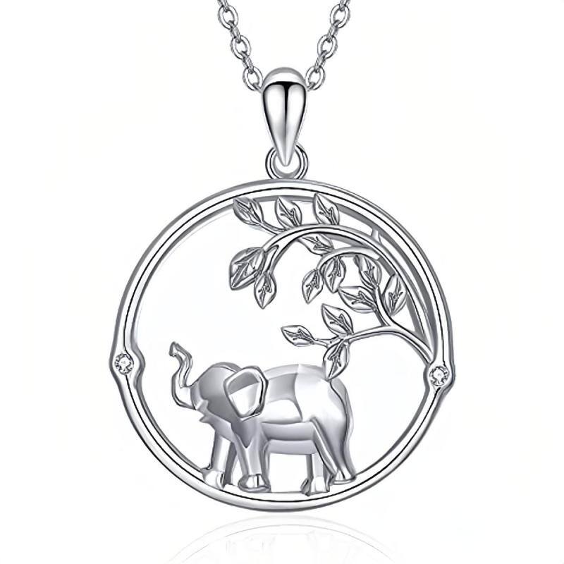 Sterling Silver Circular Shaped Cubic Zirconia Elephant Pendant Necklace-15