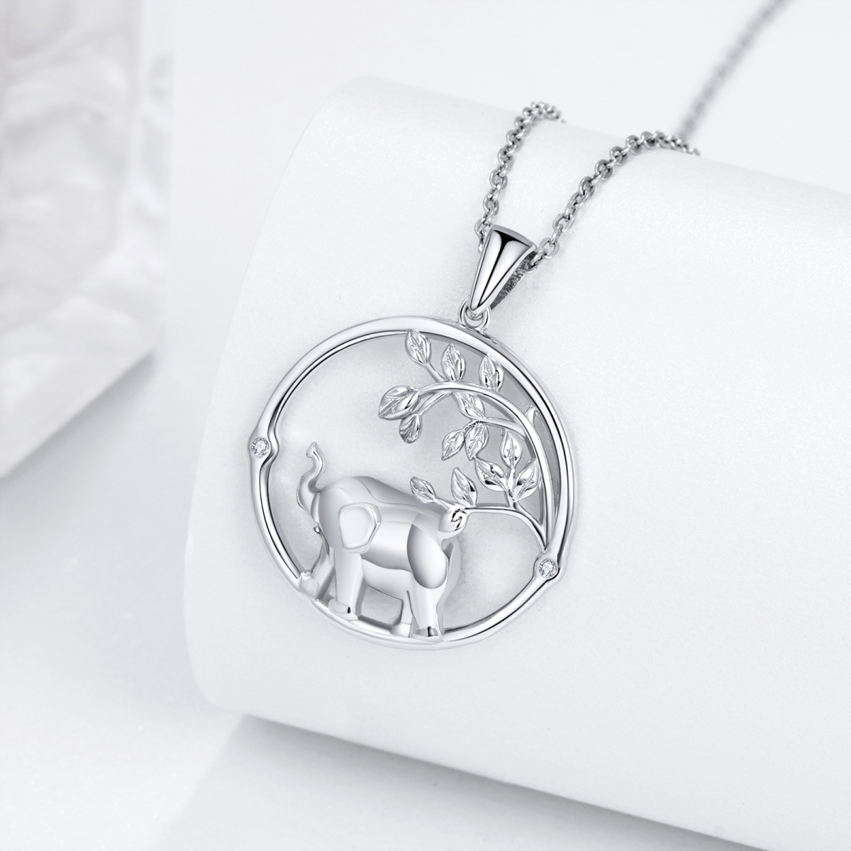 Sterling Silver Circular Shaped Cubic Zirconia Elephant Pendant Necklace-4