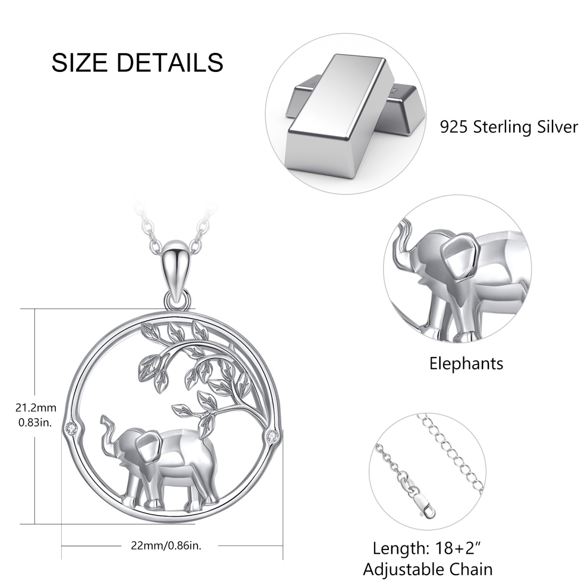 Sterling Silver Circular Shaped Cubic Zirconia Elephant Pendant Necklace-6