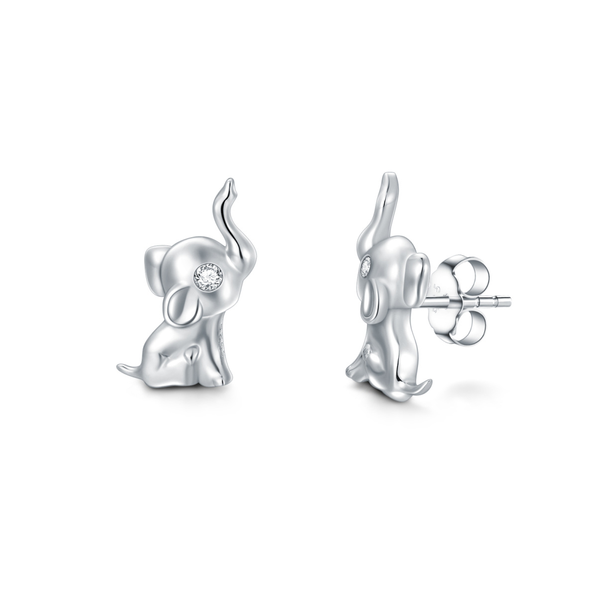 Sterling Silver Circular Shaped Cubic Zirconia Elephant Stud Earrings-1