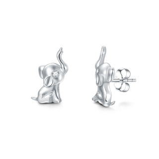 Sterling Silver Circular Shaped Cubic Zirconia Elephant Stud Earrings-24