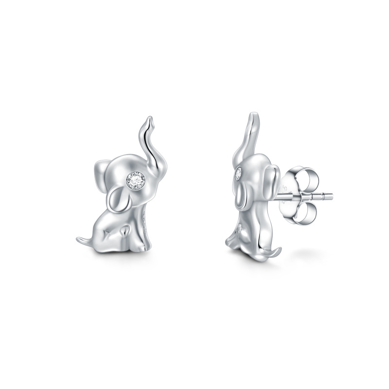 Sterling Silver Circular Shaped Cubic Zirconia Elephant Stud Earrings