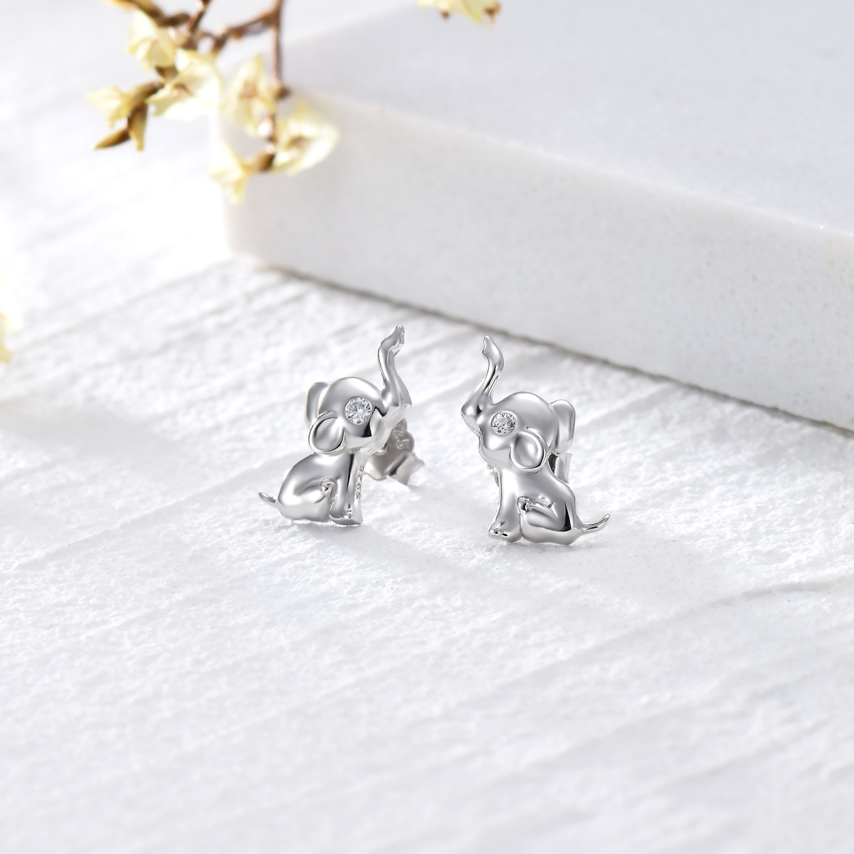 Sterling Silver Circular Shaped Cubic Zirconia Elephant Stud Earrings-3