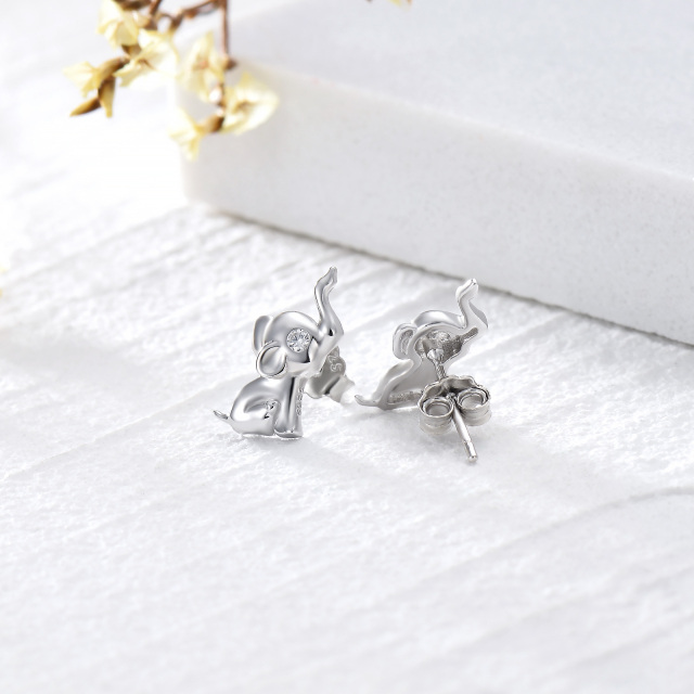 Sterling Silver Circular Shaped Cubic Zirconia Elephant Stud Earrings-4