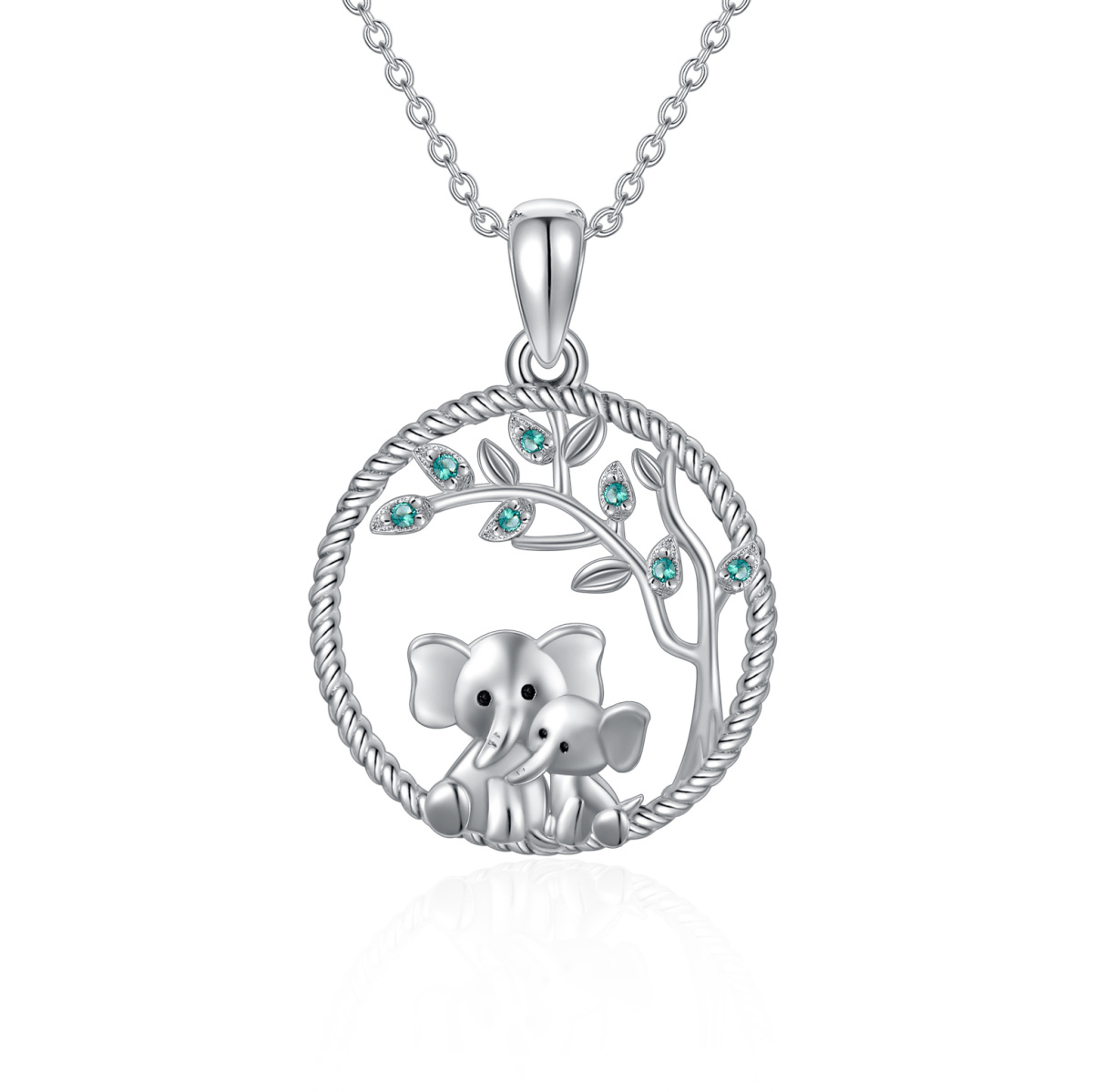 Sterling Silber kreisförmig Cubic Zirkonia Elefant & Baum des Lebens Anhänger Halskette-1