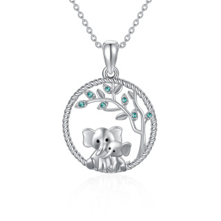 Sterling Silver Circular Shaped Cubic Zirconia Elephant & Tree Of Life Pendant Necklace-2