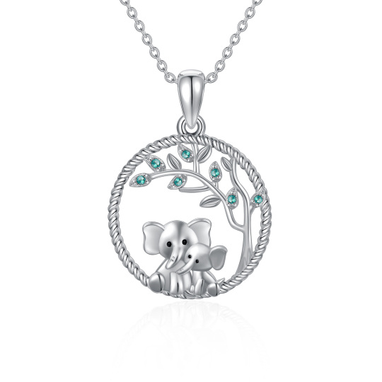 Sterling Silver Circular Shaped Cubic Zirconia Elephant & Tree Of Life Pendant Necklace