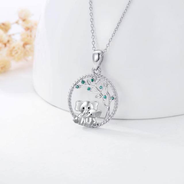 Sterling Silver Circular Shaped Cubic Zirconia Elephant & Tree Of Life Pendant Necklace-3