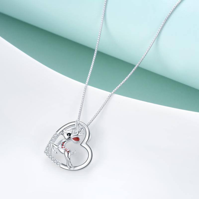 Sterling Silver Circular Shaped Cubic Zirconia Elk Pendant Necklace-4