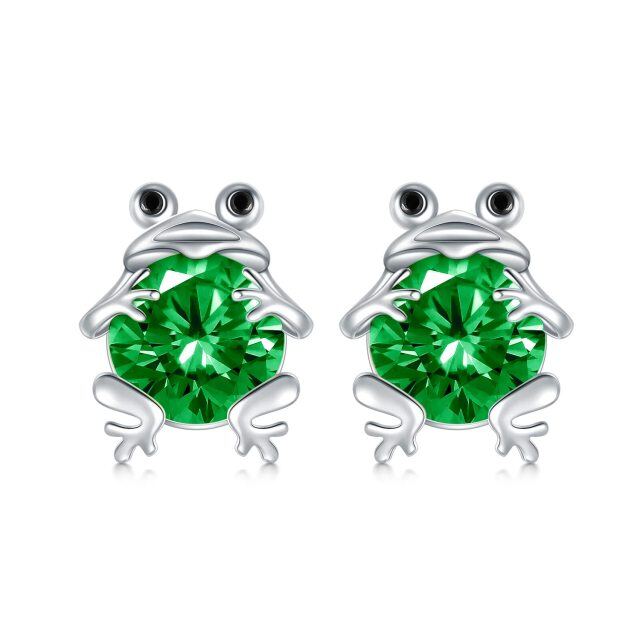 Sterling Silver Circular Shaped Emerald Frog Stud Earrings-1