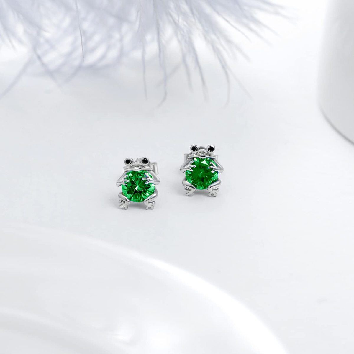 Sterling Silver Circular Shaped Emerald Frog Stud Earrings-3