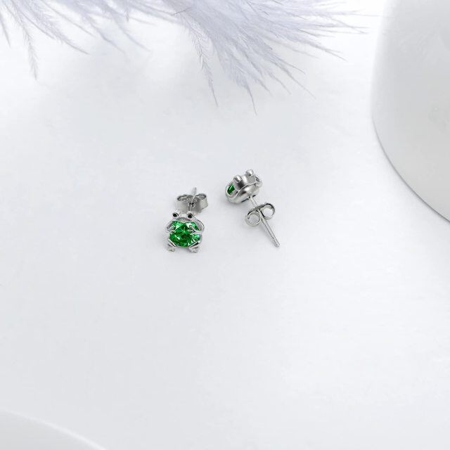 Sterling Silver Circular Shaped Emerald Frog Stud Earrings-4