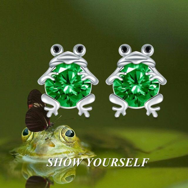 Sterling Silver Circular Shaped Emerald Frog Stud Earrings-6