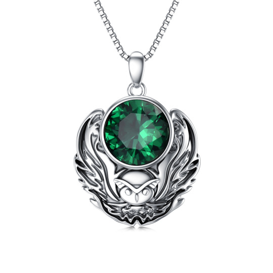 Sterling Silver Circular Shaped Emerald Owl Pendant Necklace