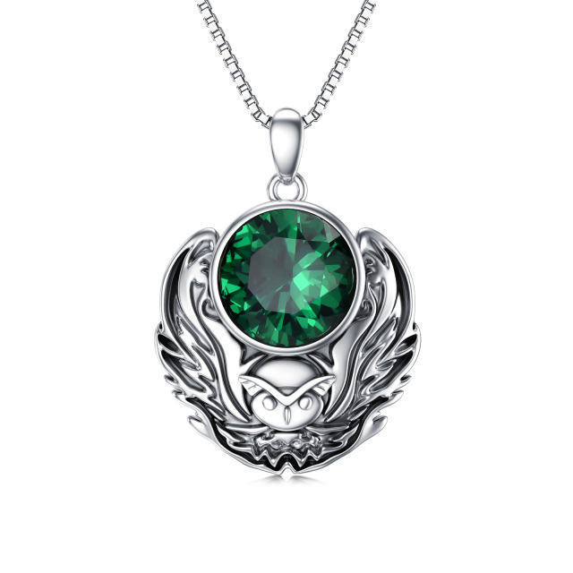 Sterling Silver Circular Shaped Emerald Owl Pendant Necklace-1