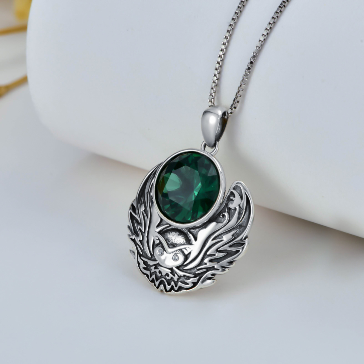 Sterling Silver Circular Shaped Emerald Owl Pendant Necklace-3