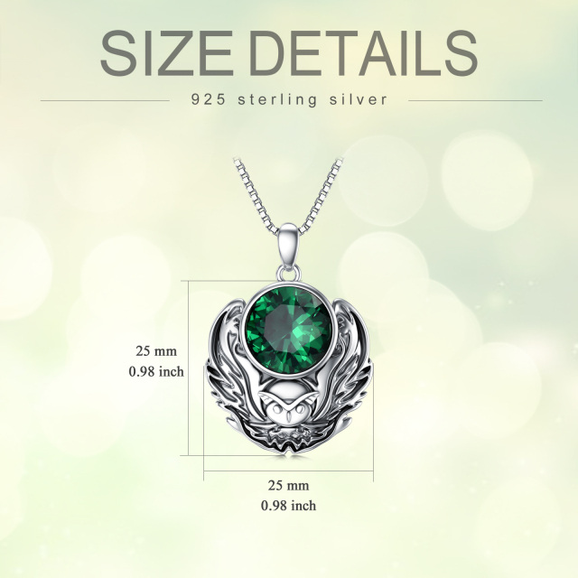 Sterling Silver Circular Shaped Emerald Owl Pendant Necklace-4