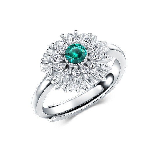 Sterling Silver Circular Shaped Emerald Sunflower Open Ring