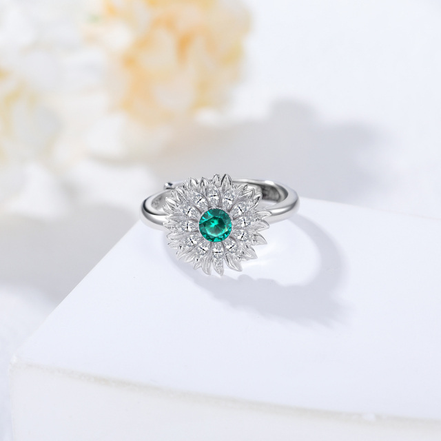 Offener Ring aus Sterlingsilber mit rundem Smaragd und Sonnenblume-3