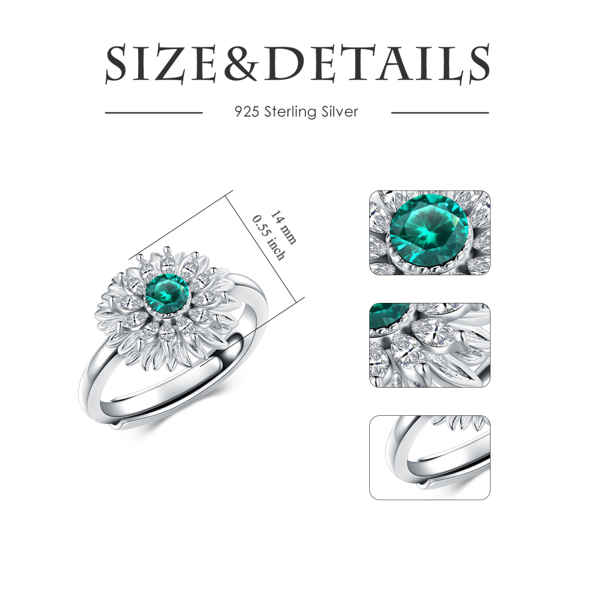 Offener Ring aus Sterlingsilber mit rundem Smaragd und Sonnenblume-5