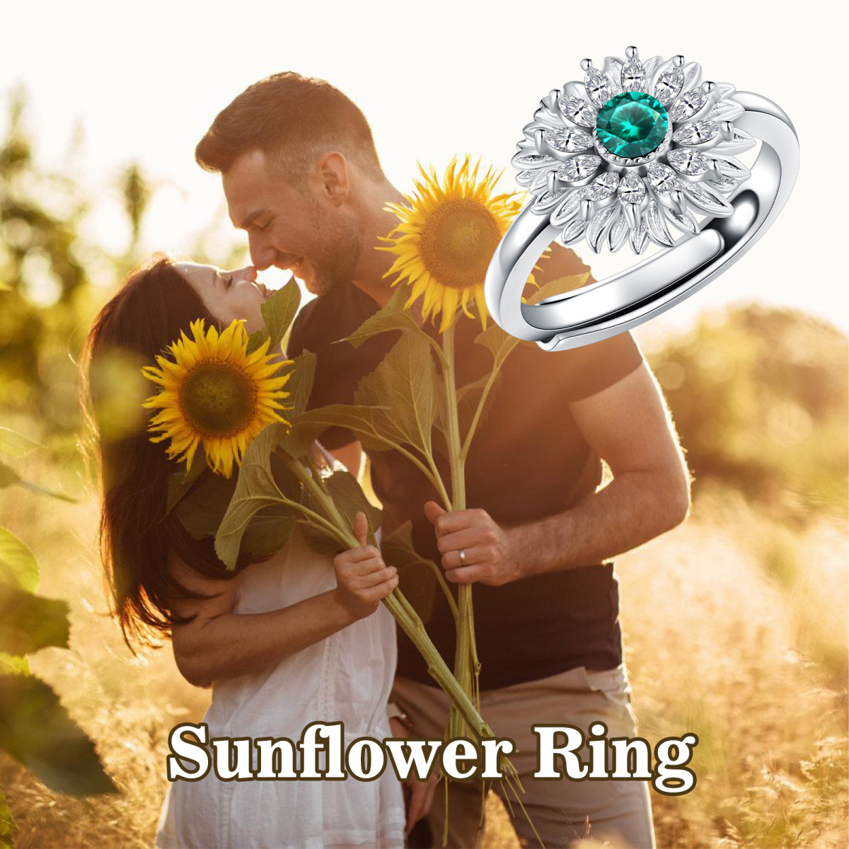 Offener Ring aus Sterlingsilber mit rundem Smaragd und Sonnenblume-6