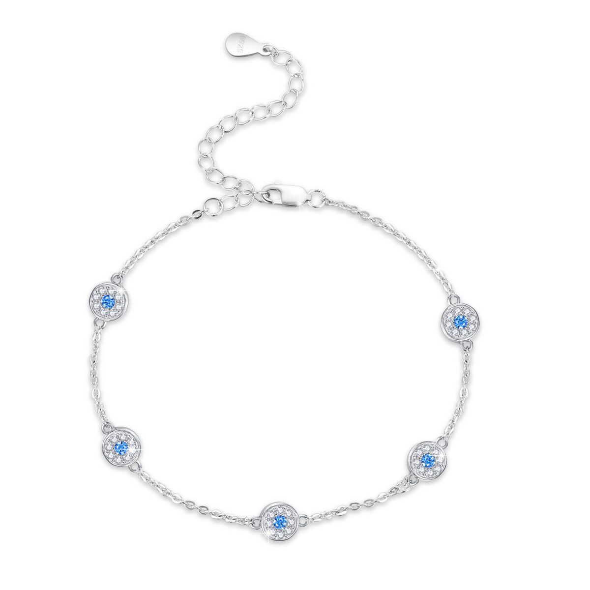 Sterling Silver Circular Shaped Cubic Zirconia Evil Eye Bead Station Chain Bracelet-1