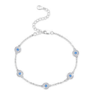 Sterling Silver Circular Shaped Cubic Zirconia Evil Eye Bead Station Chain Bracelet-57