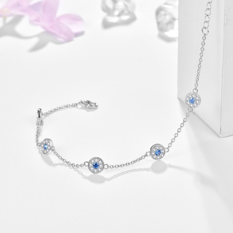 Sterling Silver Circular Shaped Cubic Zirconia Evil Eye Bead Station Chain Bracelet-3