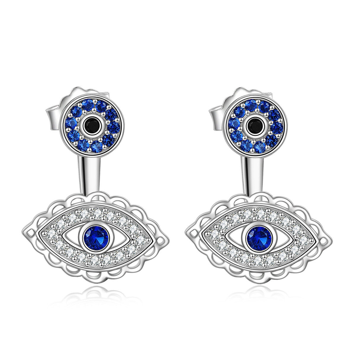 Sterling Silver Circular Shaped Cubic Zirconia Evil Eye Drop Earrings-1