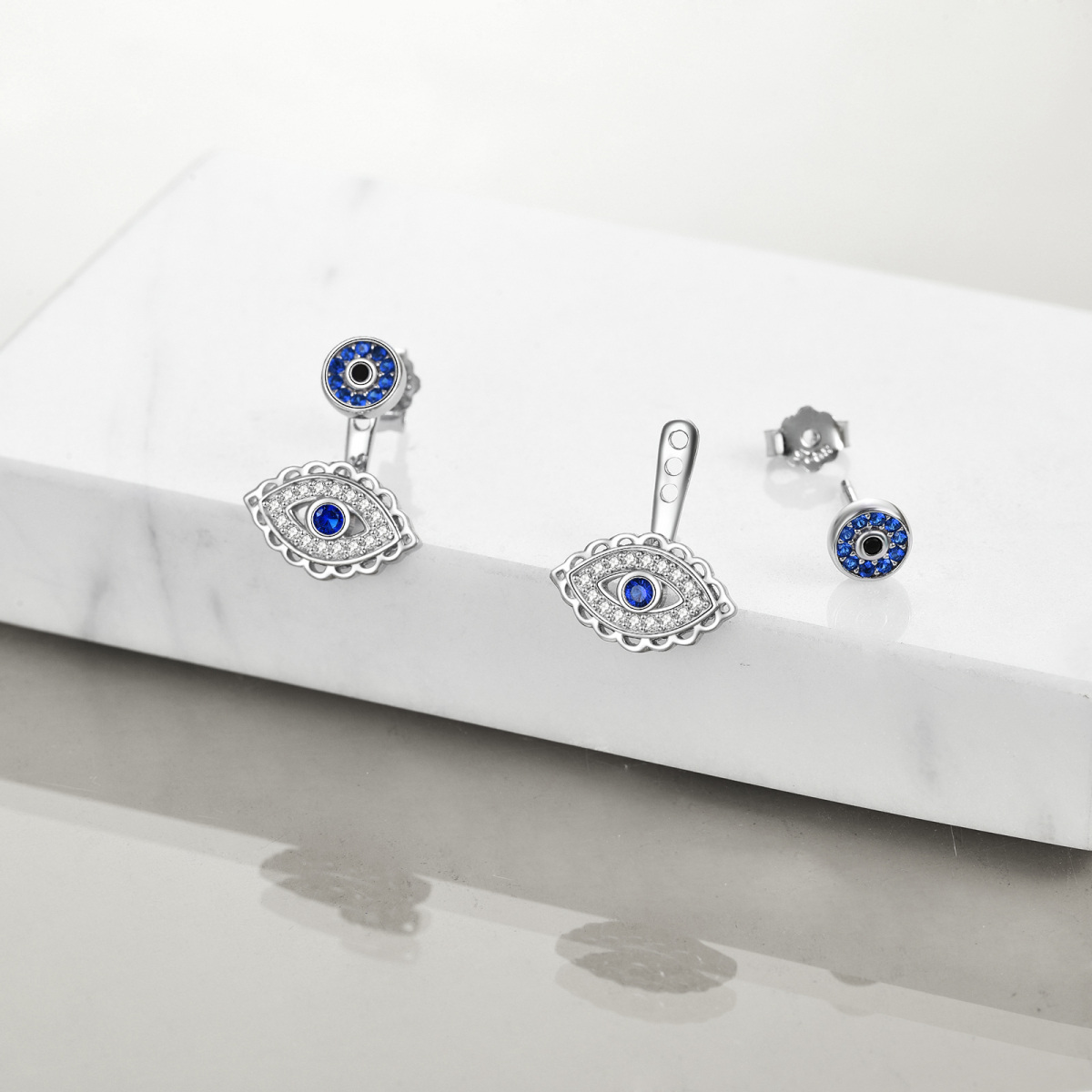 Sterling Silver Circular Shaped Cubic Zirconia Evil Eye Drop Earrings-4