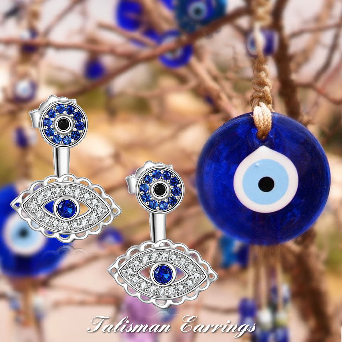 Sterling Silver Circular Shaped Cubic Zirconia Evil Eye Drop Earrings-5