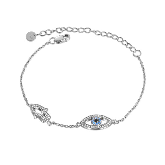 Pulseira de prata esterlina com zircónio cúbico em forma circular e pendente de mão Hamsa