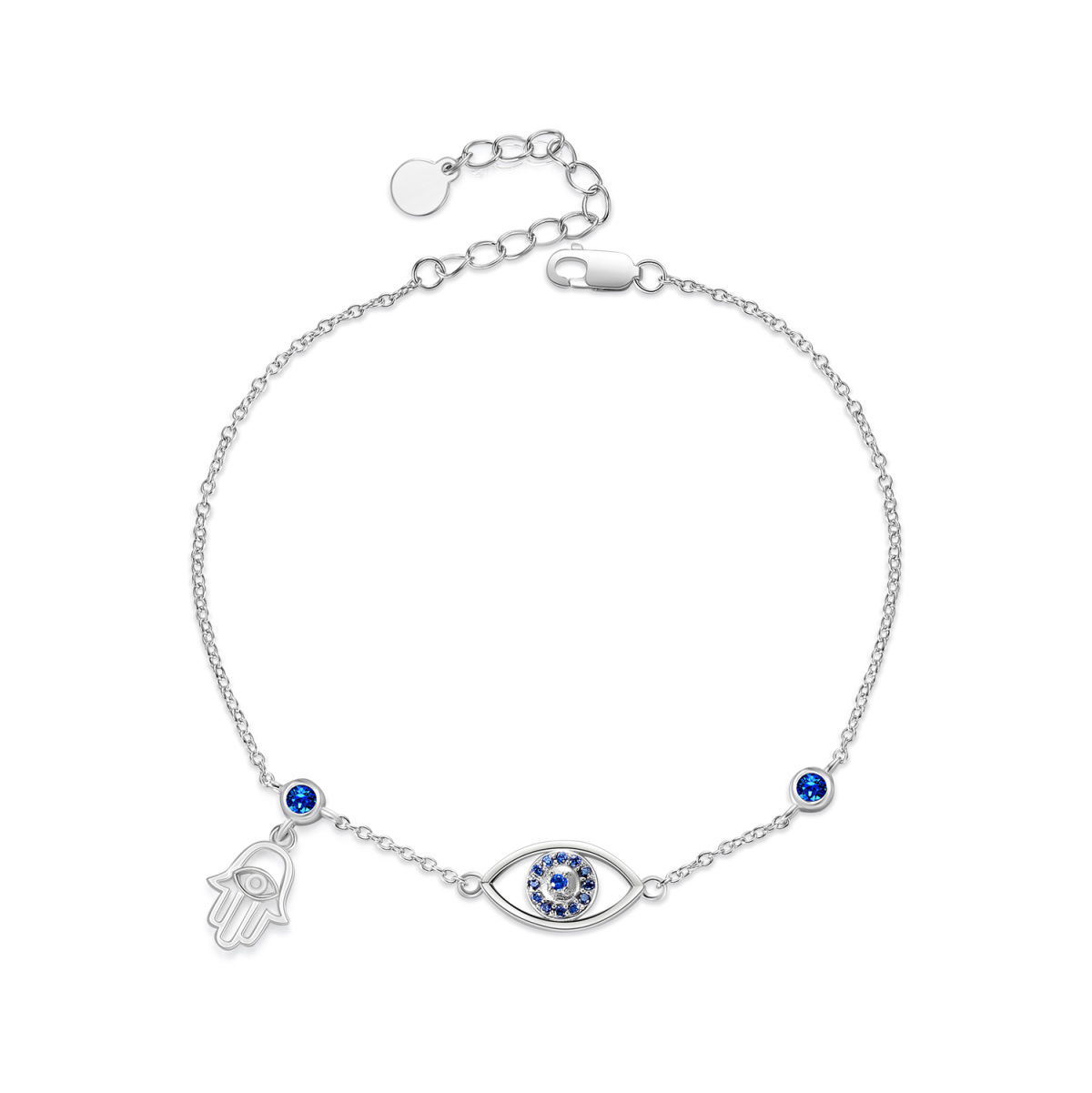 Sterling Silver Circular Shaped Cubic Zirconia Evil Eye & Hamsa Hand Single Layer Anklet-1