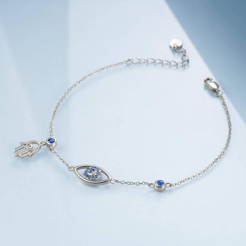 Sterling Silber kreisförmig Cubic Zirkonia Evil Eye & Hamsa Hand einzelne Schicht Anklet-3