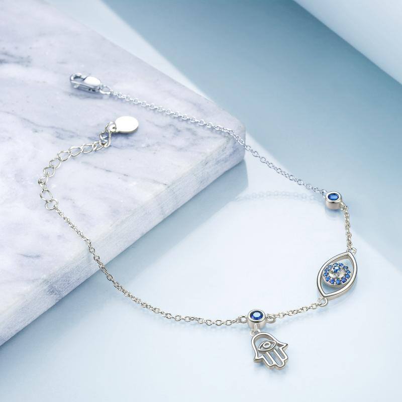 Sterling Silber kreisförmig Cubic Zirkonia Evil Eye & Hamsa Hand einzelne Schicht Anklet-4