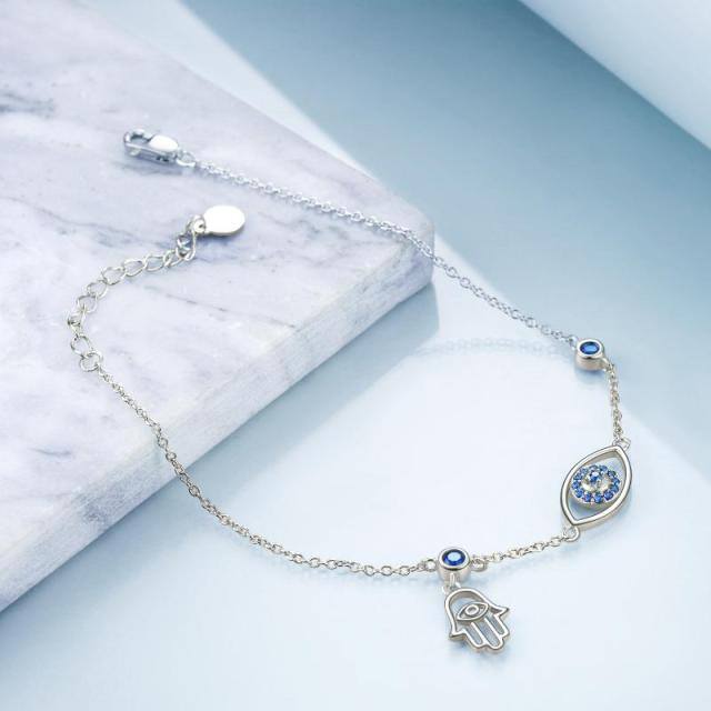 Srebrna okrągła cyrkonia Evil Eye Hamsa Hand jednowarstwowa bransoletka na kostkę-4