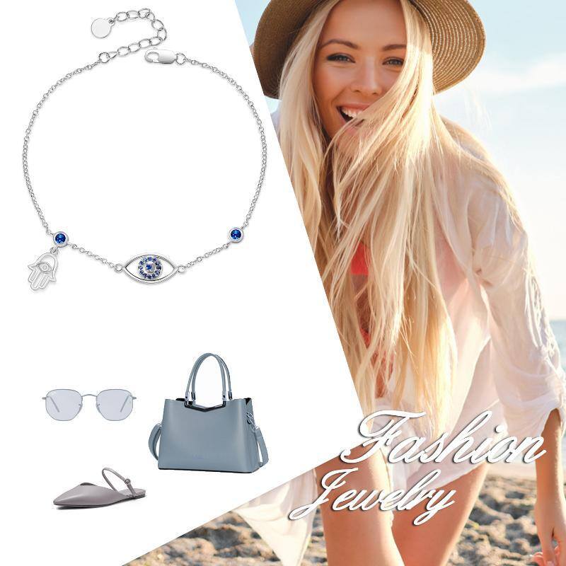 Sterling Silber kreisförmig Cubic Zirkonia Evil Eye & Hamsa Hand einzelne Schicht Anklet-6