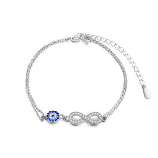 Sterling Silver Circular Shaped Cubic Zirconia Evil Eye & Infinite Symbol Charm Bracelet-11