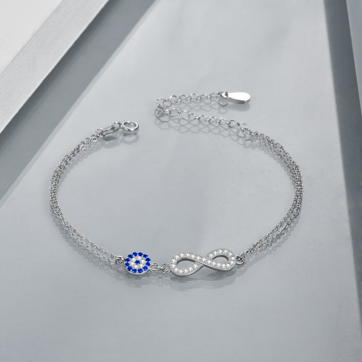 Sterling Silver Circular Shaped Cubic Zirconia Evil Eye & Infinite Symbol Charm Bracelet-4