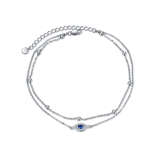 Sterling Silver Circular Shaped Cubic Zirconia Evil Eye Multi-layered Anklet