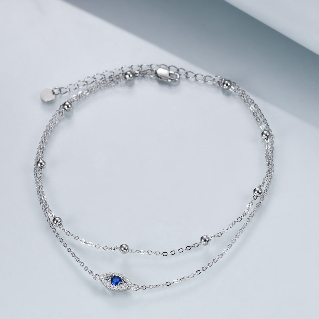 Sterling Silver Circular Shaped Cubic Zirconia Evil Eye Multi-layered Anklet-3