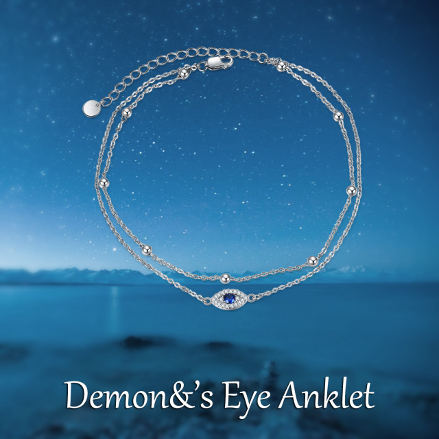 Sterling Silver Circular Shaped Cubic Zirconia Evil Eye Multi-layered Anklet-6